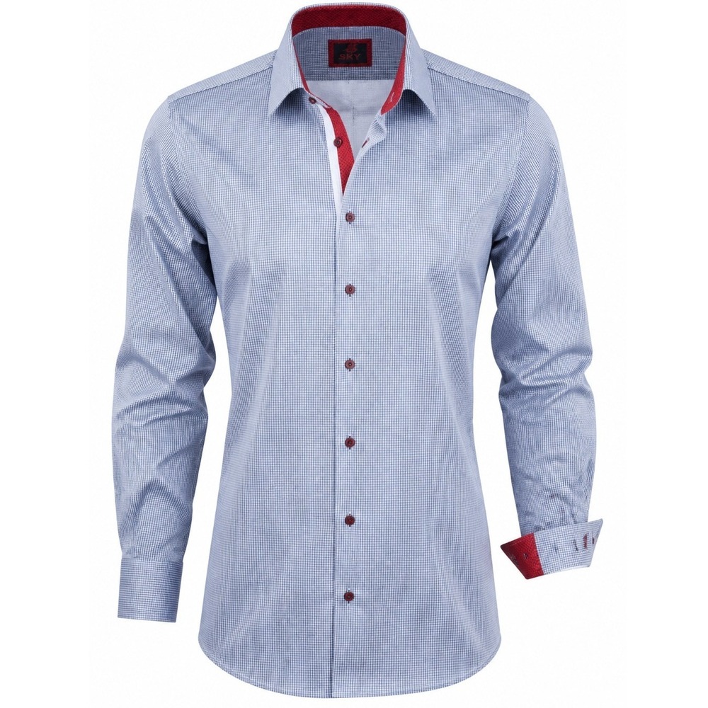 Axxess Mens XL Blue White Micro Houndstooth Button Down Shirt Red Contrast Trim